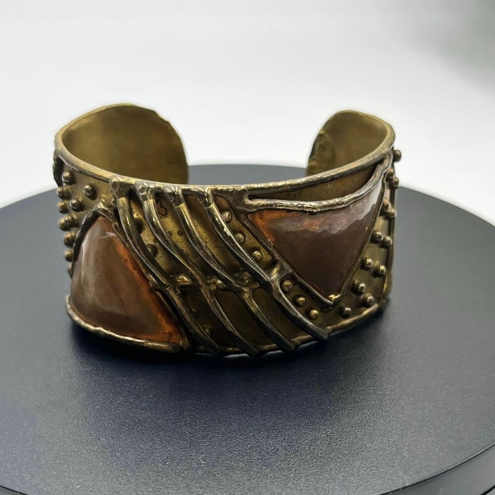 Luciano Signed Mixed Metals‎ Brass Copper Handmade Worked Ornate Cuff Mexico
